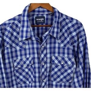 Wrangler western button Long sleeve men’s shirt XXL Blue pearl snap pocket Cuff